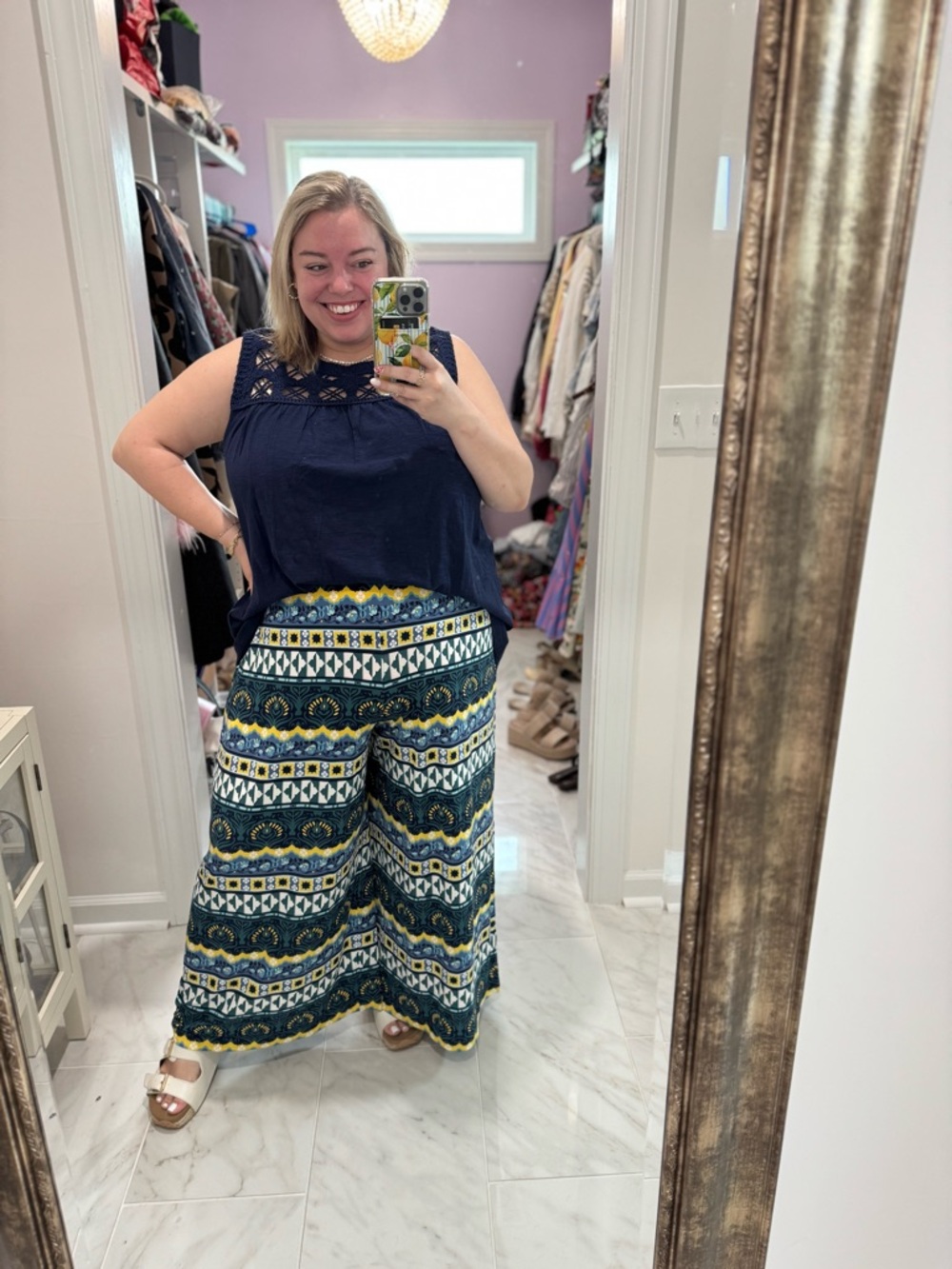 Lane Bryant Women's Wide-Leg Patterned Palazzo Pants - Navy & Yellow